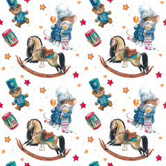 Seamless pattern with a Christmas watercolor mouse with gifts, rocking horse and vintage bear teddy in military uniform. New Year, postman, symbol of the year, 2020.  © AnnaNenasheva