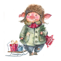 Christmas watercolor piggy, in a coat, a hat with gifts. New Year, postman, packaging, symbol of the year, 