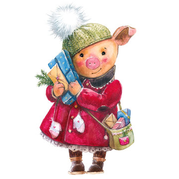 Christmas watercolor piggy, in a coat, a hat with gifts. New Year, postman, packaging, symbol of the year, postcard, invitation .