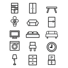 furniture icon set, black and white line style. Vector big collection