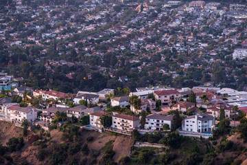 Twilight view of hilltop homes near Los Angeles and Burbank in Glendale, California.