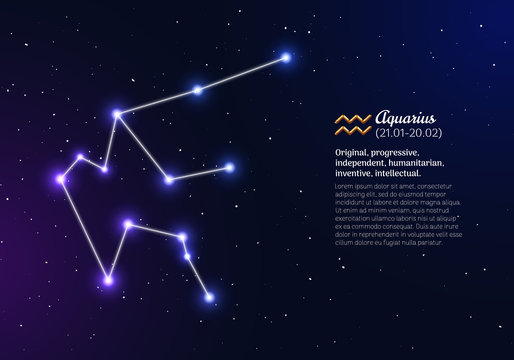 Aquarius zodiacal constellation with bright stars. Aquarius star sign and dates of birth on deep space background. Astrology horoscope with unique positive personality traits vector illustration.