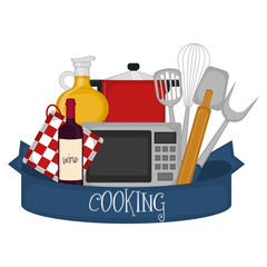Set of cookware with a cooking text label - Vector