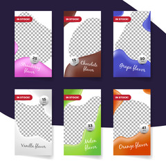 Set of colorful flavor drink social media stories template, juice, milk, chocolate drink promo banner