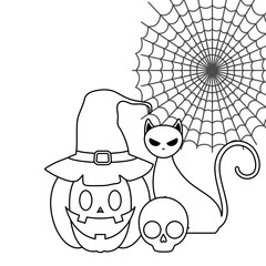 pumpkins with cat in halloween scene