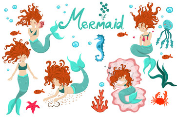 Set of mermaids and sea animals isolated on a white background.