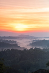 Fototapeta na wymiar Beautyful sunrise and fog on mountain at thailand