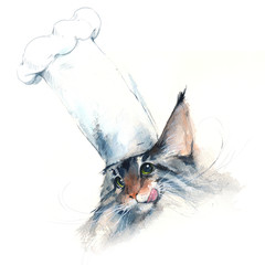 Watercolor illustration of a fluffy cat in a chef's hat