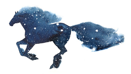 Watercolor illustration of the silhouette of a galloping horse in the snow on a white background