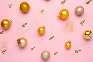 Beautiful Christmas balls on color background