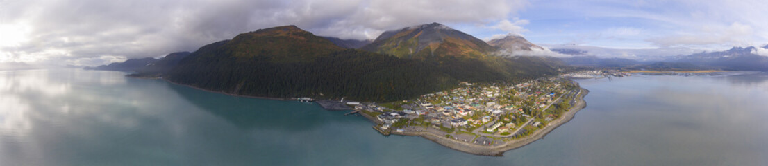 Aerial view of Seward city center and waterfront panorama in fall, Seward, Kenai Peninsula, Alaska,...