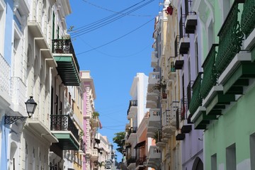 Street views of old colorful buildings in Old San Juan Puerto Rico