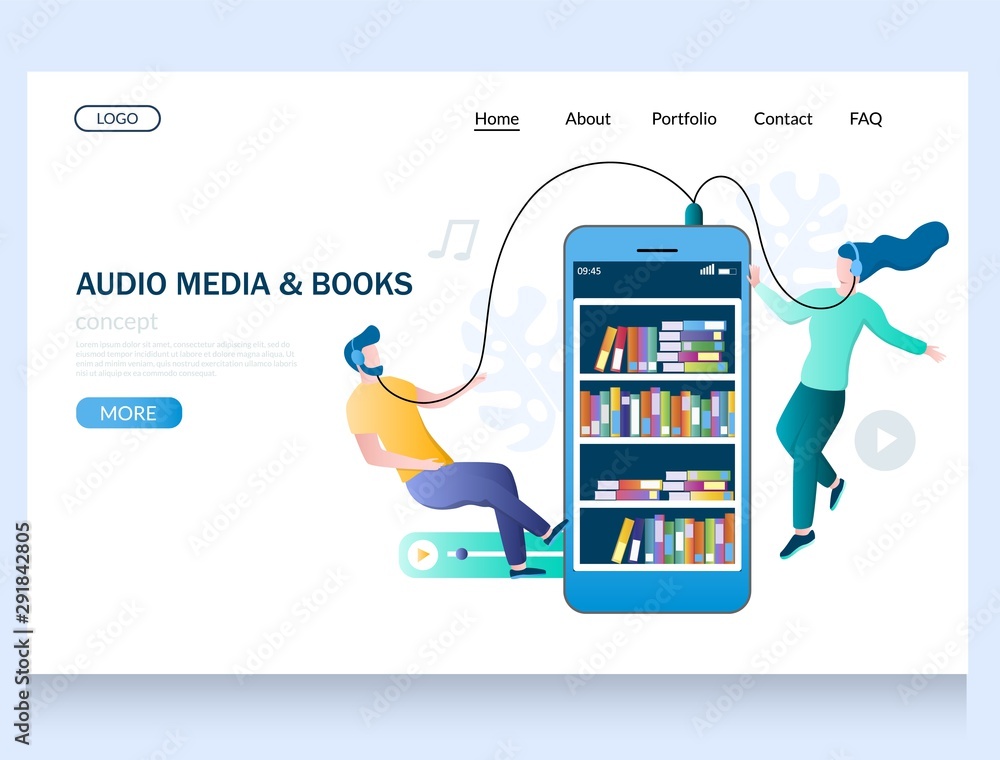Poster audio media and books vector website landing page design template