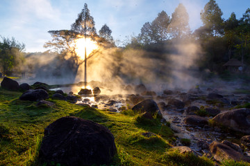 Hot springs beautiful with sunrise and sunlight