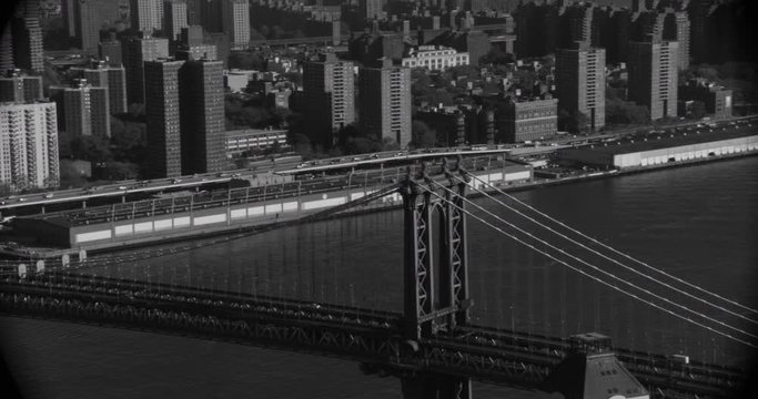 Black and white footage of George Washington bridge, drone, helicopter aerial