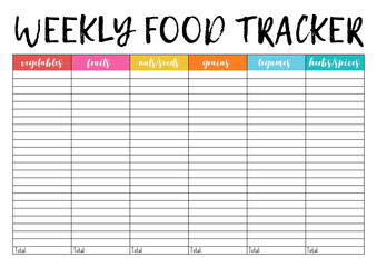  Weekly food tracker, comfortable planner for organiser. Concept of healthy eating, loosing weight.
