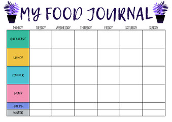My food journal,  comfortable planner for organiser. Concept of healthy eating, loosing weight. .