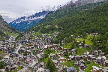 Fototapeta na wymiar Beautiful aerial scenery of villages and mountains in Zermatt valley