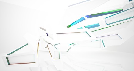 Abstract architectural glass gradient color interior of a minimalist house with large windows. 3D illustration and rendering.