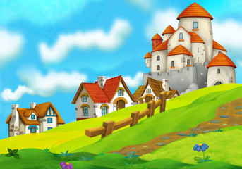 cartoon summer scene with path to the farm village - nobody on scene - illustration for children