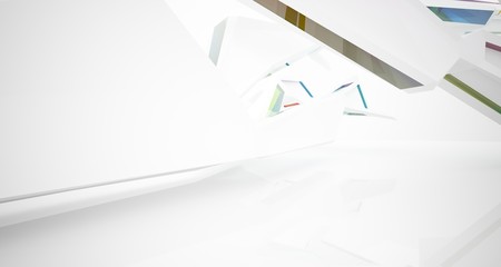 Abstract architectural glass gradient color interior of a minimalist house with large windows. 3D illustration and rendering.