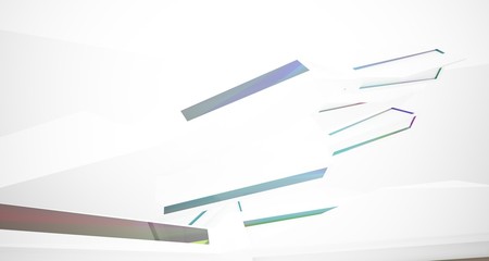 Abstract architectural glass gradient color interior of a minimalist house with large windows. 3D illustration and rendering.