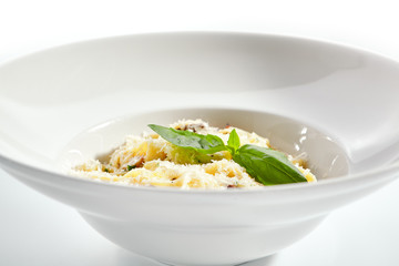 Delicious tagliatelle with porcini mushrooms closeup