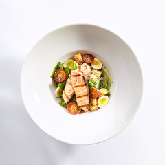 Tasty caesar with salmon top view