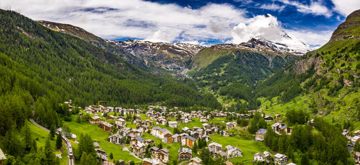 Fototapeta na wymiar Beautiful panorama aerial view of Zermatt Valley and Matterhorn Peak 