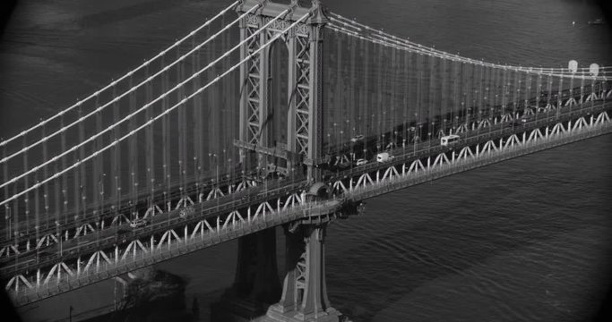 Helicopter aerial shot zooming into traffic on George Washington bridge, New York, drone