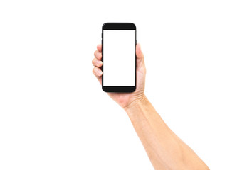 Man hand holding blank screen smartphone on white background. Clipping path