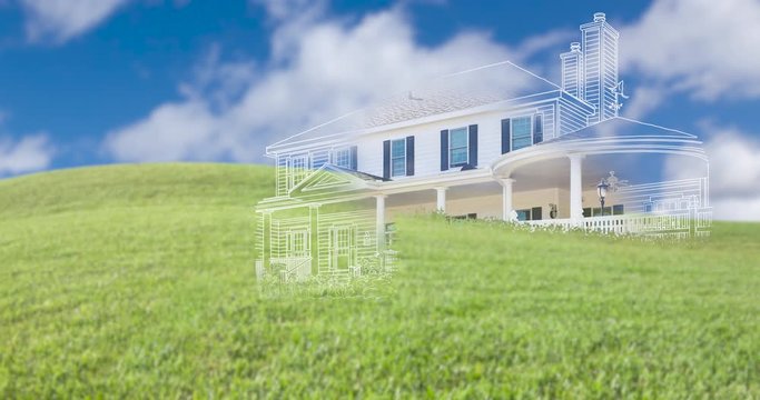 4k Green Grass Field, Blue Sky with Clouds With Ghosted Transition of House Drawing and Photo