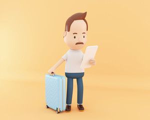 3D character using phone and carrying a travel trolley.