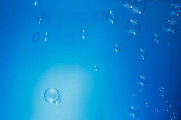 Rainbow soap bubbles colorful float on blue background