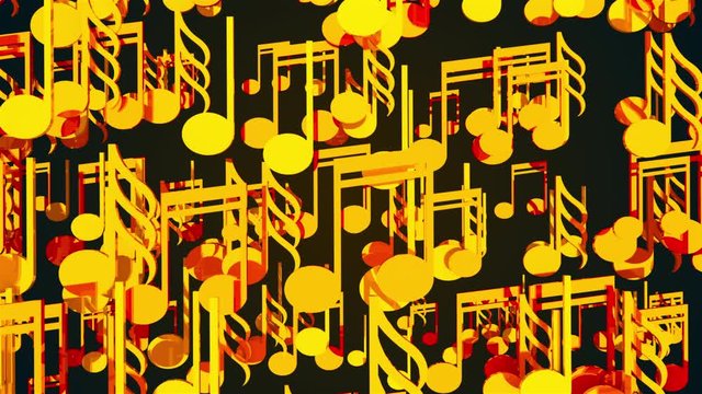 Computer generated 3D rendering. Cluster of many gold musical notes on a black background.