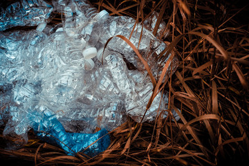 Crushed plastic bottles of mineral water and bottle caps on green grass in nature.