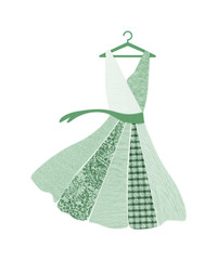 Green dress on hanger made with recycled fabric textures. Sustainable fashion and living concept
