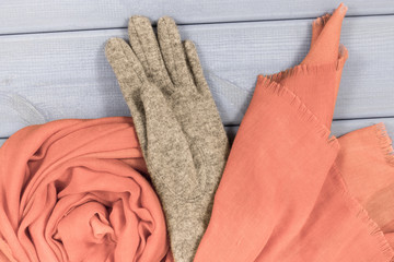 Gloves and scarf using in autumn or winter, warm apparel for woman concept
