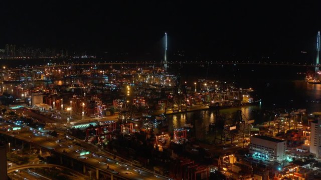 Aerial view of Hong Kong Container Terminal at night