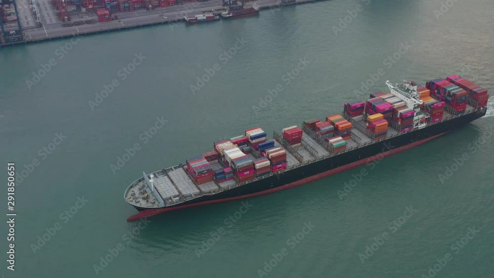 Poster cargo ship with container leaving hong kong port