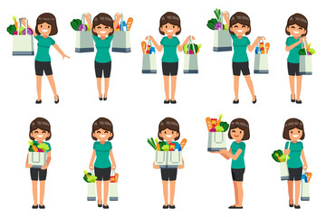 Woman character have awareness of world energy reduction. Campaign is reduce the use of plastic bags in shop to use the fabric bag for environment.