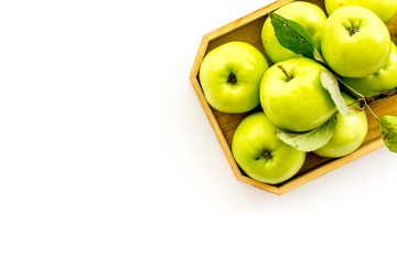 Juicy green apples on white background top view copy space