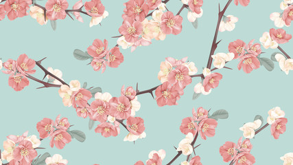 Floral seamless pattern, Japanese quince flowers on blue, pastel vintage theme
