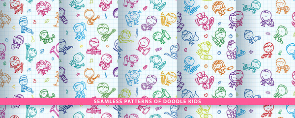 Fototapeta na wymiar Doodle kids seamless patterns set