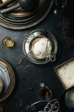 Homemade Ice cream in antique silver dishes