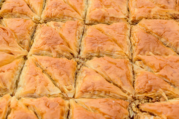 Close up of traditional oriental sweet pastry cookies known as backlava, Turkish desert with sugar, honey, walnuts and pistachio, in display at an weekend street food market, top view, soft focus