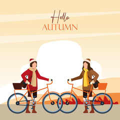 hello autumn season with girls and bicycles in the field