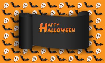 Happy Halloween. Design with skull and bat on orange background.  paper art style. Vector. illustration.