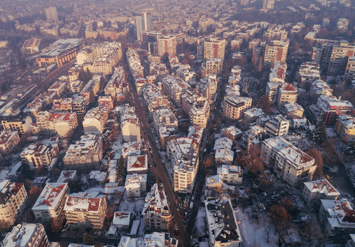 Aerial panorama above the city of Sofia, Bulgaria