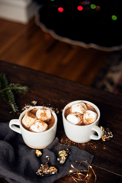Two Mugs of Hot Chocolate on Table During Christmas